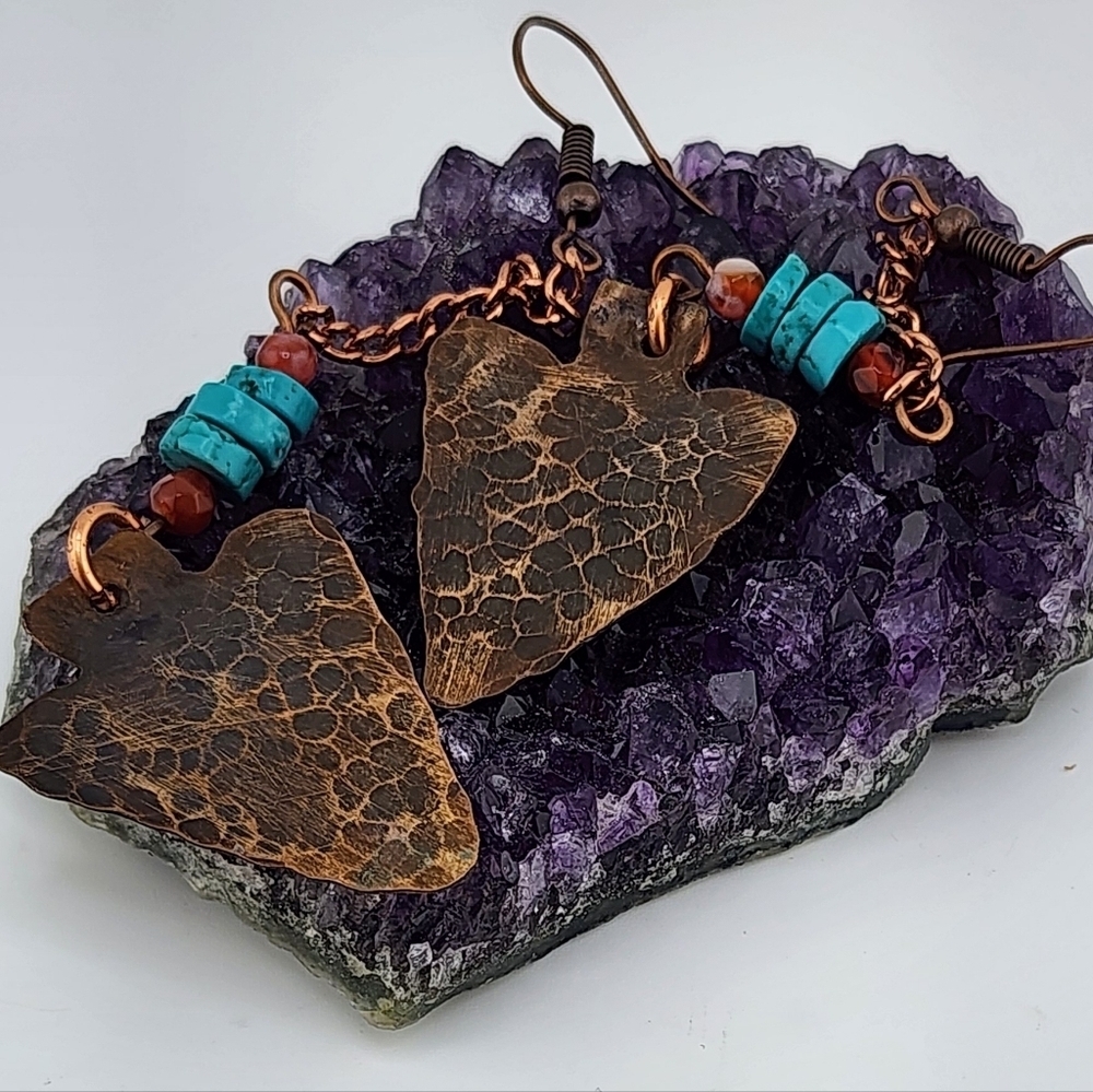 TURQUOISE & CARNELIAN HANDMADE EARRINGS BOHEMIAN CHIC STYLE 2.5" - Picture 5 of 6